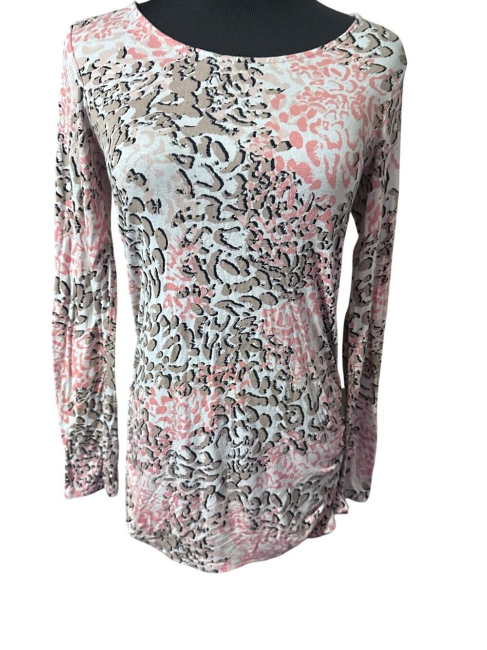 Dana Buchman white pink and tan leopard print top rooched sides size S